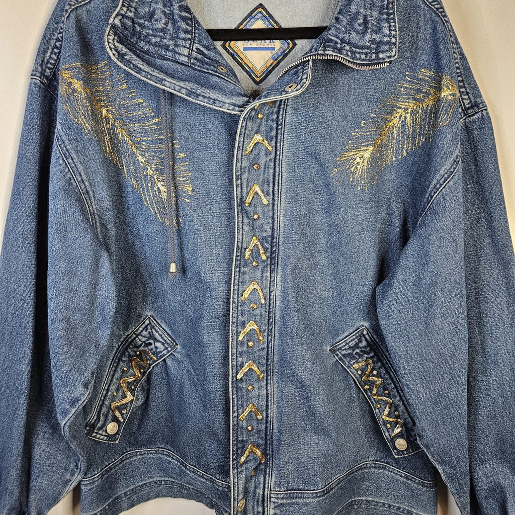 VTG 90s Coat Jacket Large Denim Oversized Puff Paint Embellished Southwestern