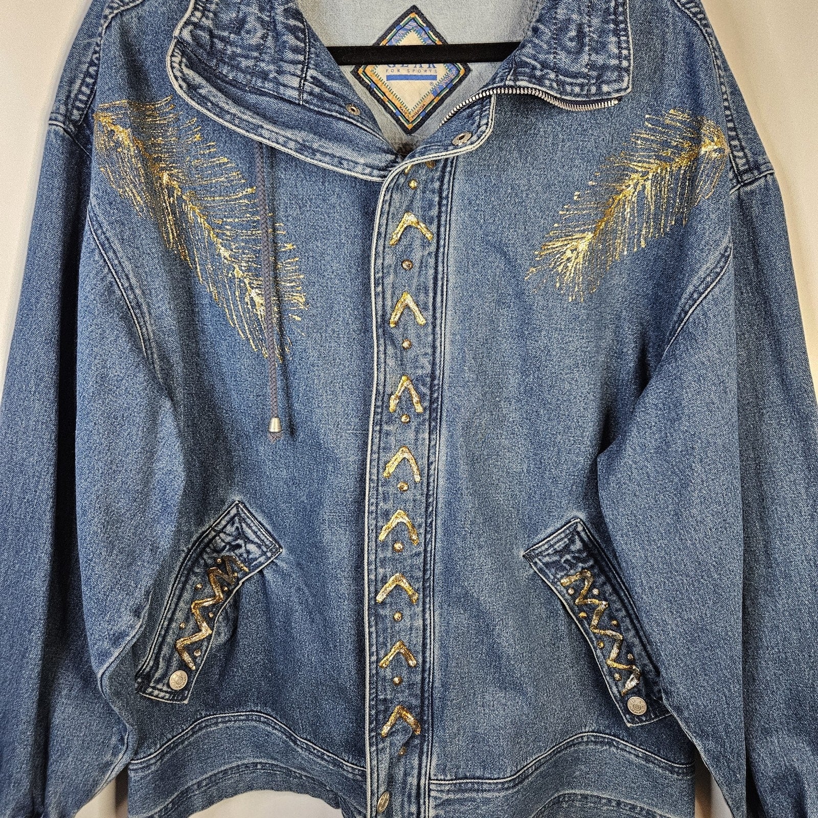VTG 90s Coat Jacket Large Denim Oversized Puff Paint Embellished Southwestern