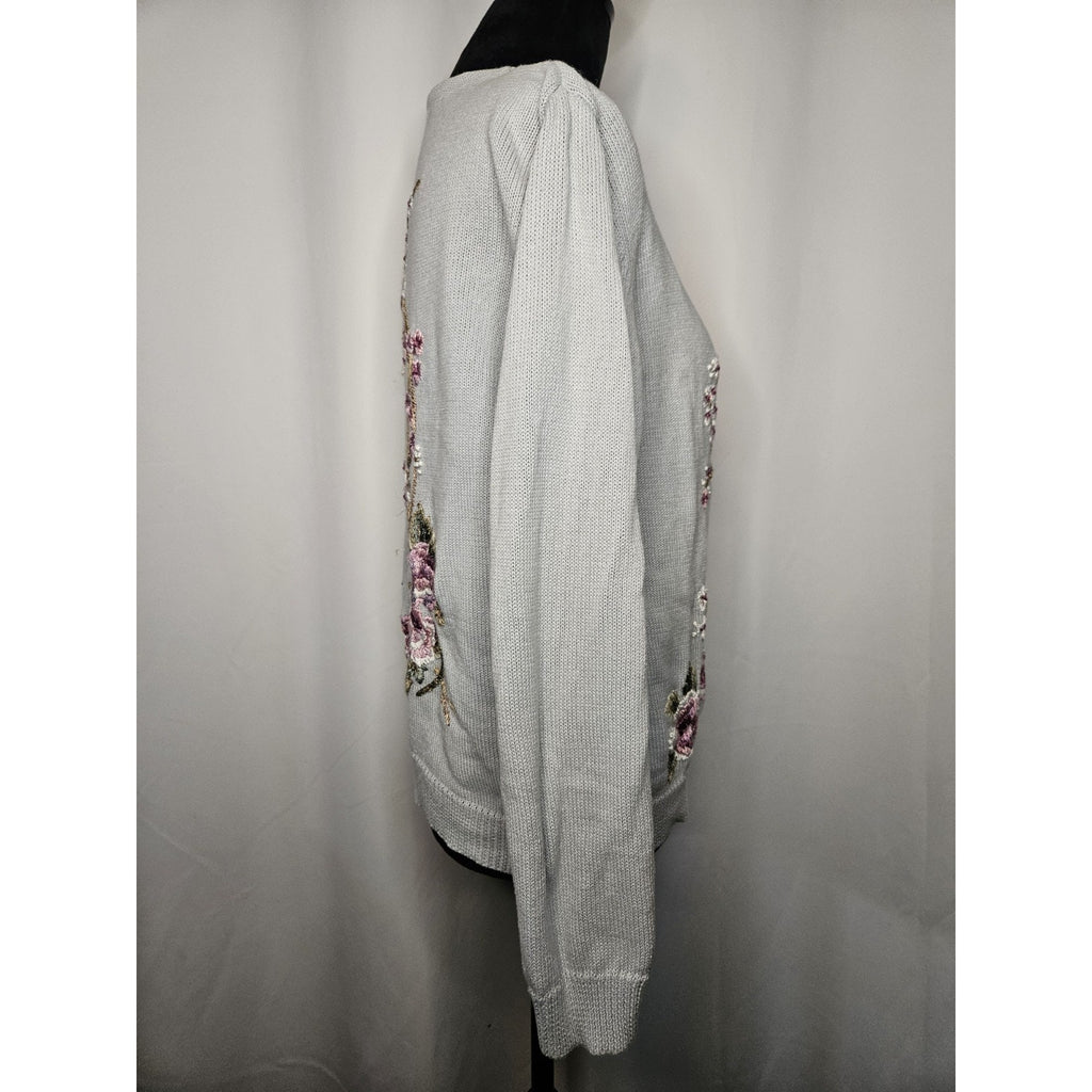 Vtg Heirloom Collectibles Embroidered Floral Cardigan Sweater Medium Cottage