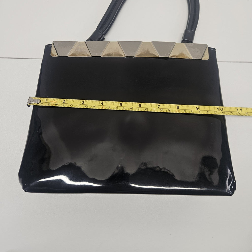 Vtg 1960s MCM Cara Shiny Black Patent Leather Bag Gold & Silver Trim Top Handles