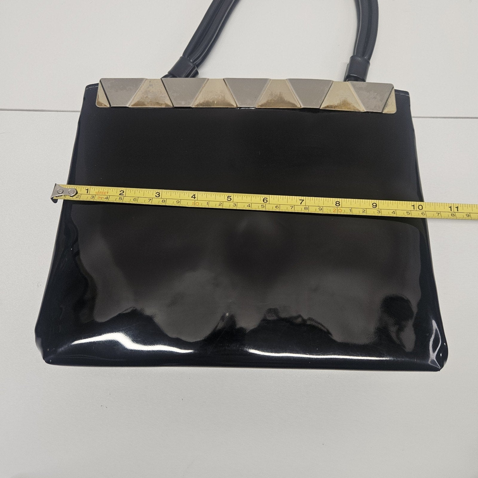Vtg 1960s MCM Cara Shiny Black Patent Leather Bag Gold & Silver Trim Top Handles