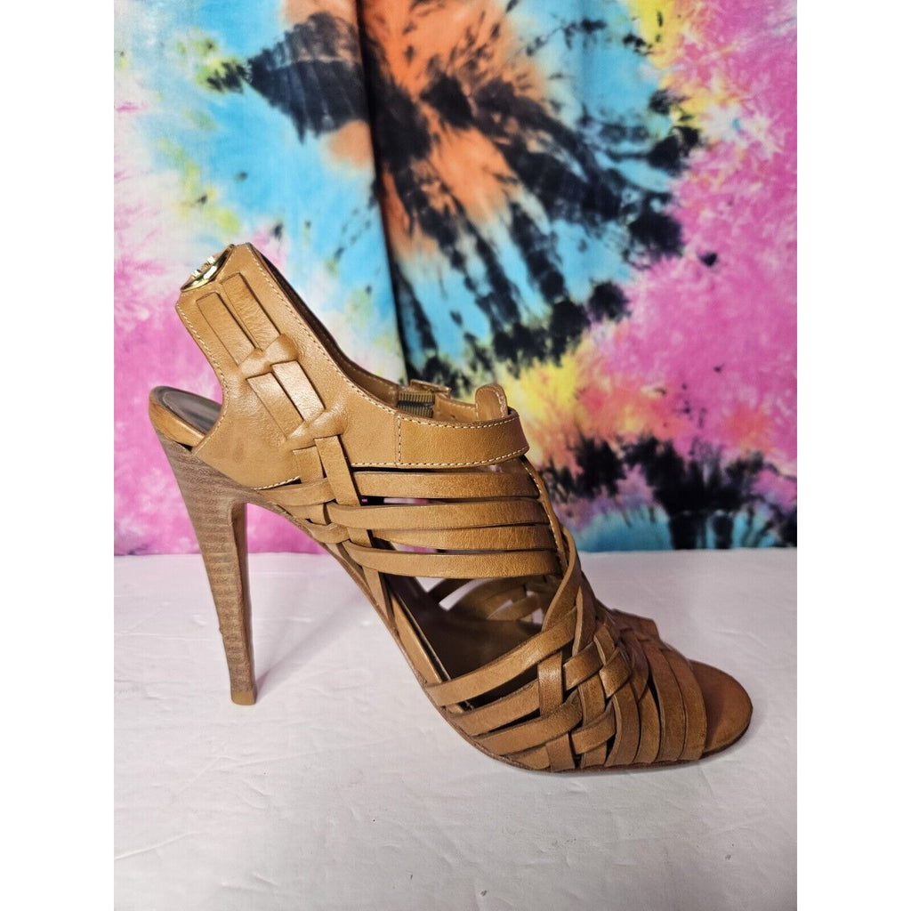 TORY BURCH $325 Nadia Brown Woven Leather Logo Detail Huarache Sandals Heels 6.5