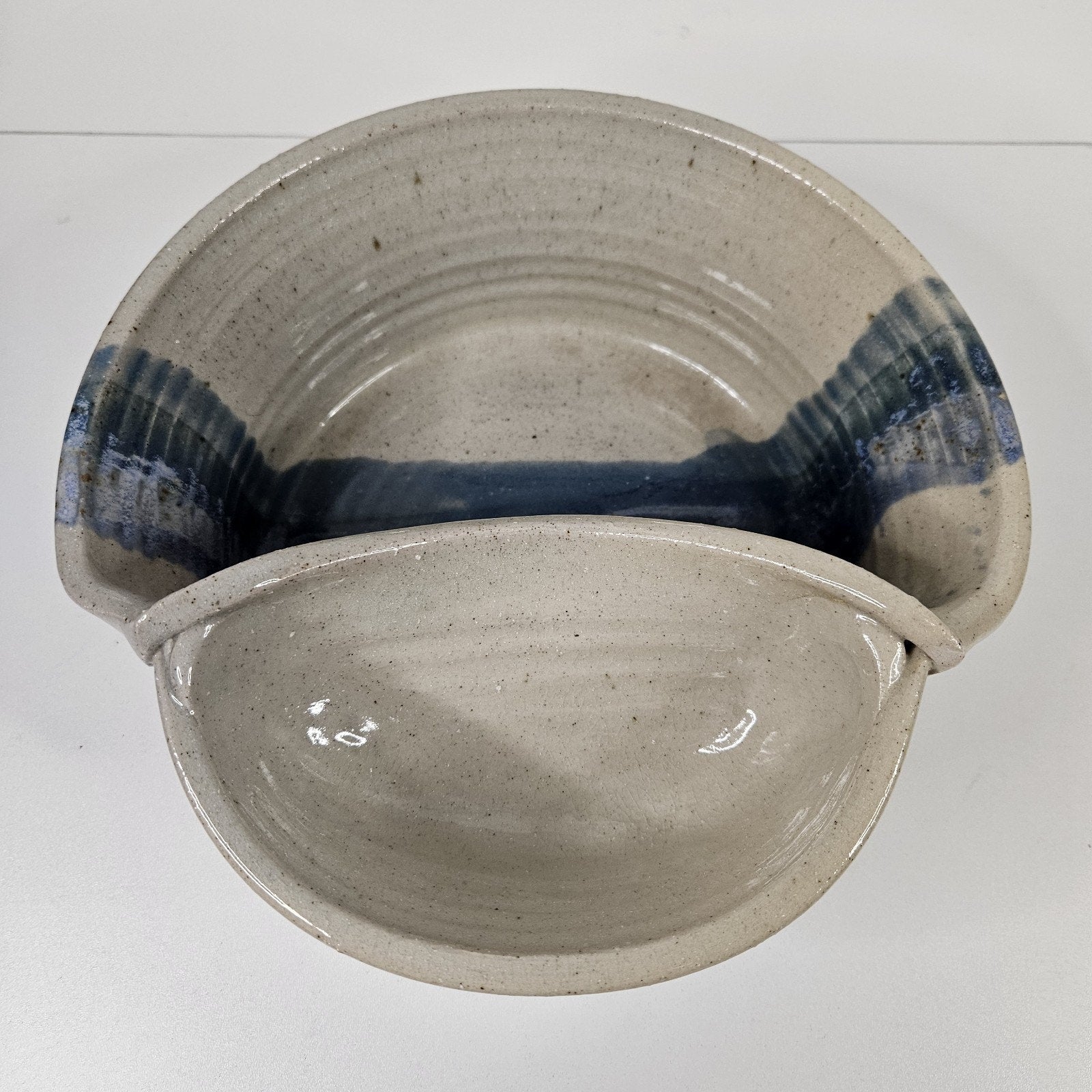Vtg Handmade Studio Pottery Serving Bowl Rustic Primitive Dip Bowl Blue Brown