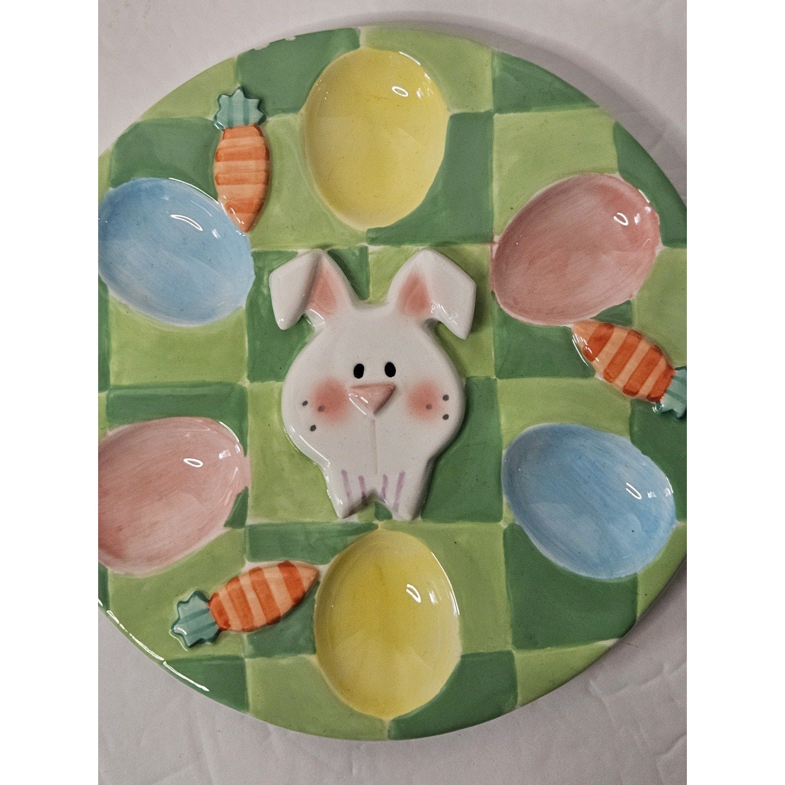 Easter Bunny 7 Carrots Egg Plate Holds 6 Eggs 7" Round Colorful Ceramic Easter