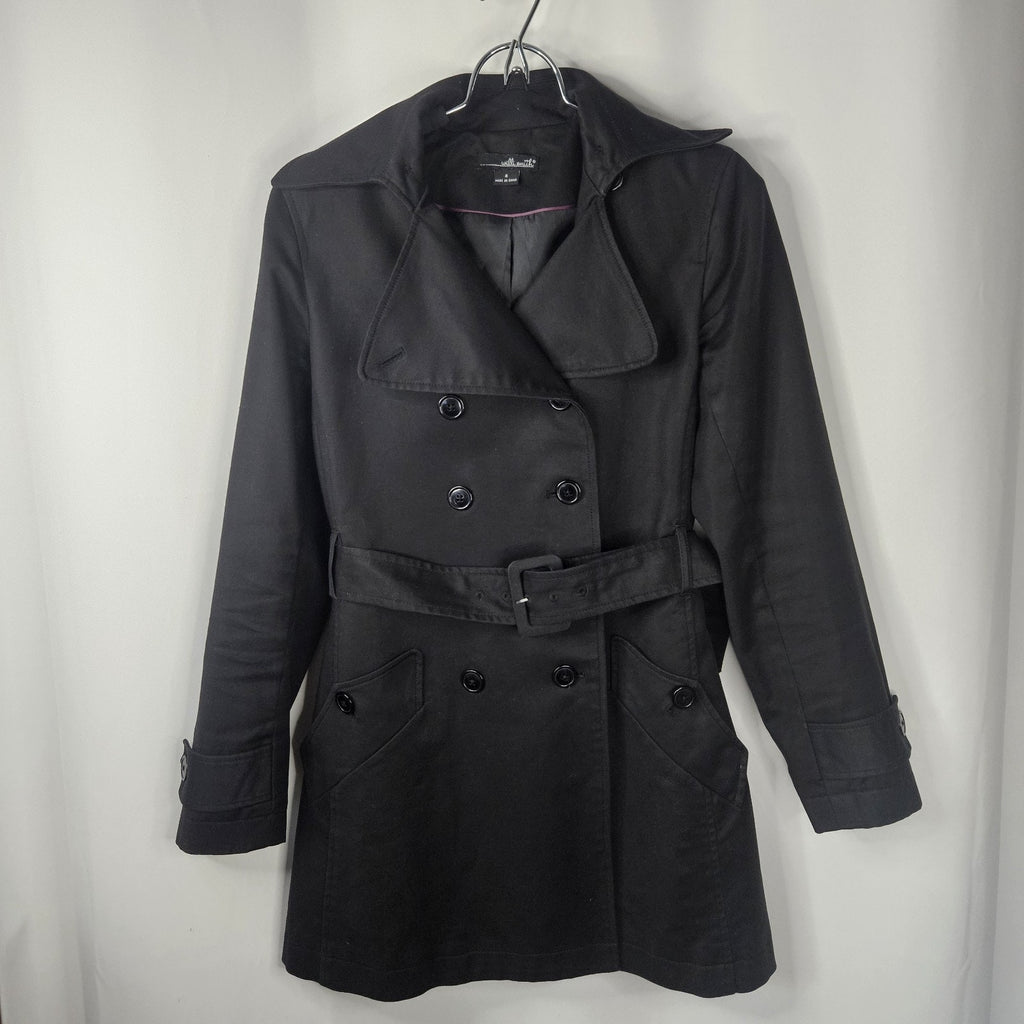 Willi Smith Black Belted Trench Coat Women’s 4 Small Midi Classic Jacket
