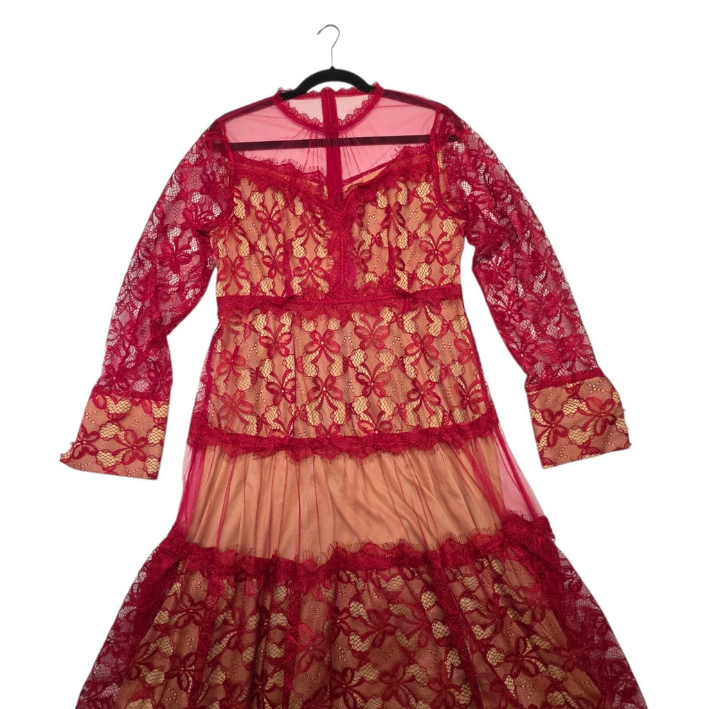Sheer Mesh Contrast Lace Hollow Embroidered Mesh Waist-Cinched Maxi Large Red Dress