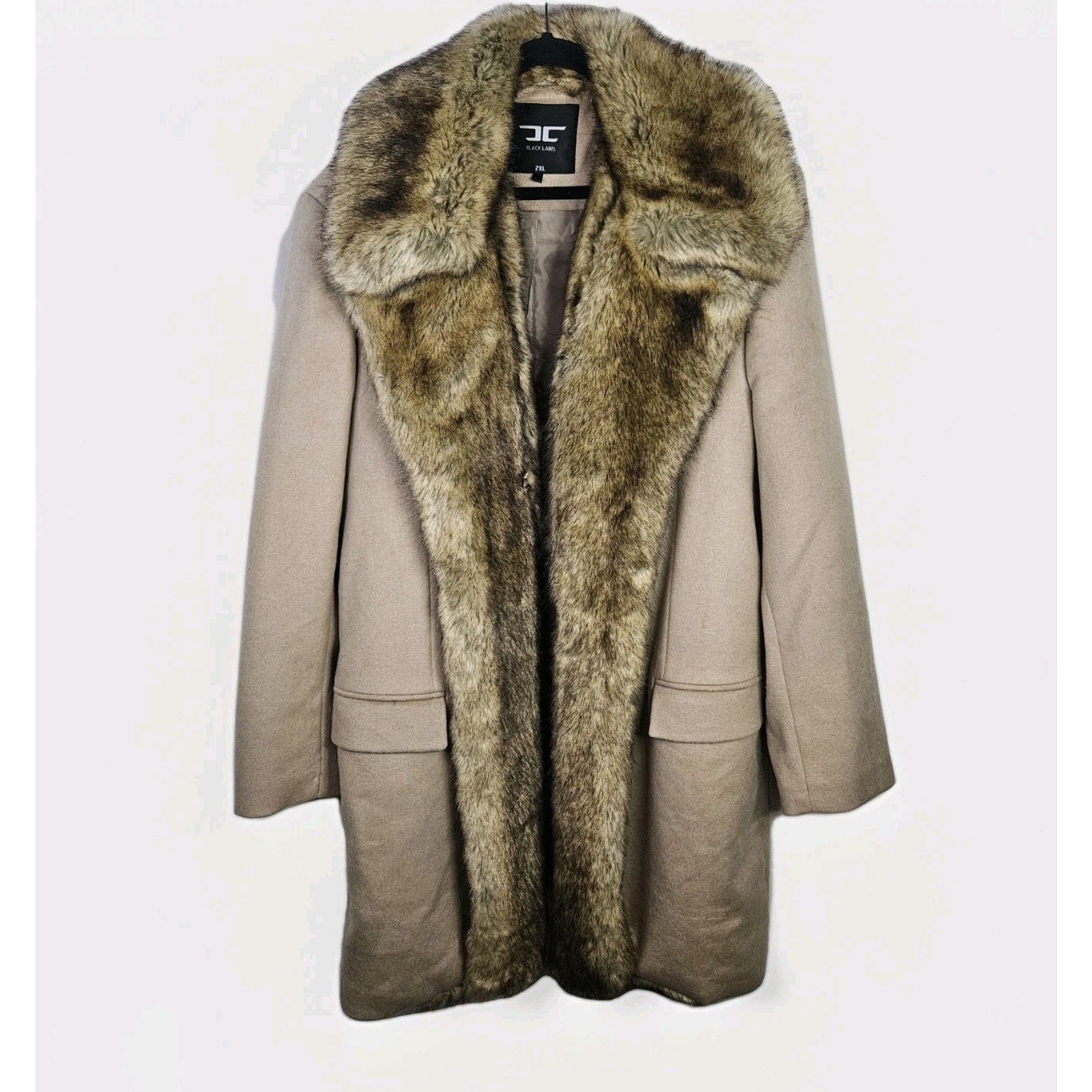 Jordan Craig Black Label Tan Long Faux Fur Trim Wool Blend Coat Womens Plus 2X