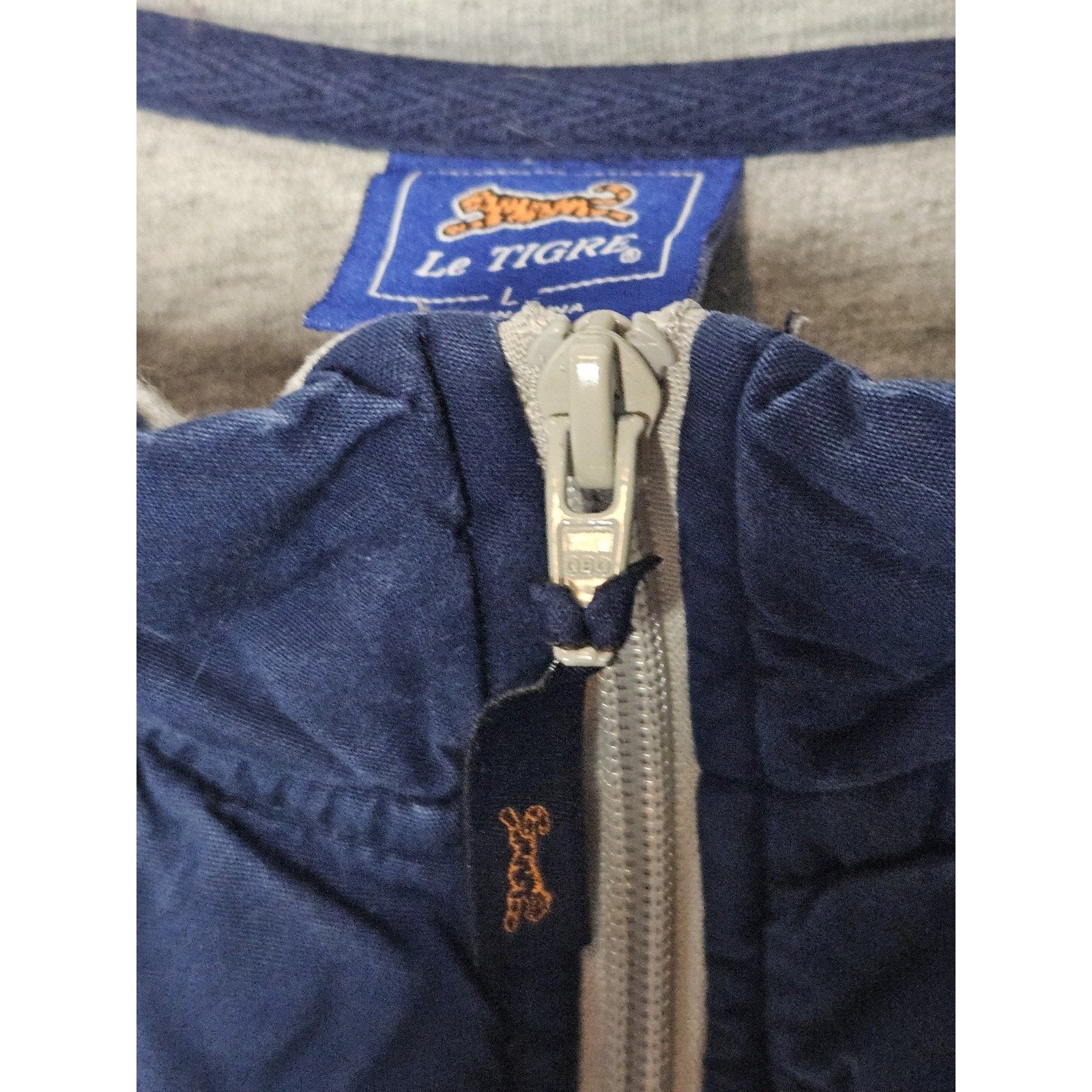 Vintage Le Tigre Sweater Mens Large Gray Navy Quarter Zip Mock Neck Pullover 90s