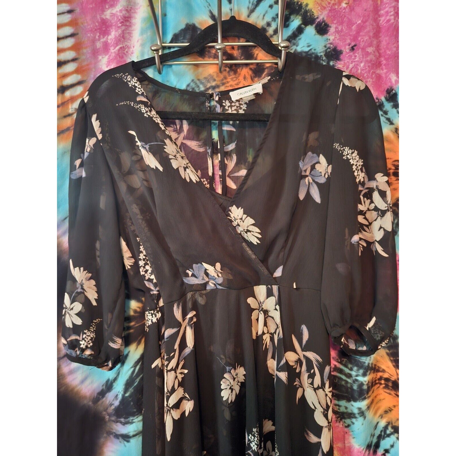 Calvin Klein Black Floral Chiffon Overlay Hi Low Flowy Sz 4 Mid Length Dress
