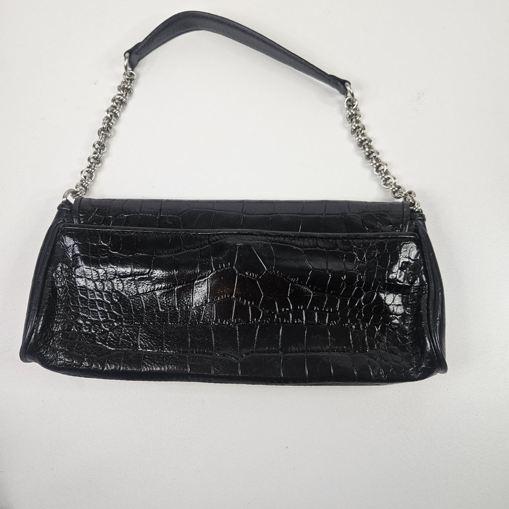Anne Klein Black Faux Croco Embossed Leather Flap Chain Strap Purse Shoulder Bag