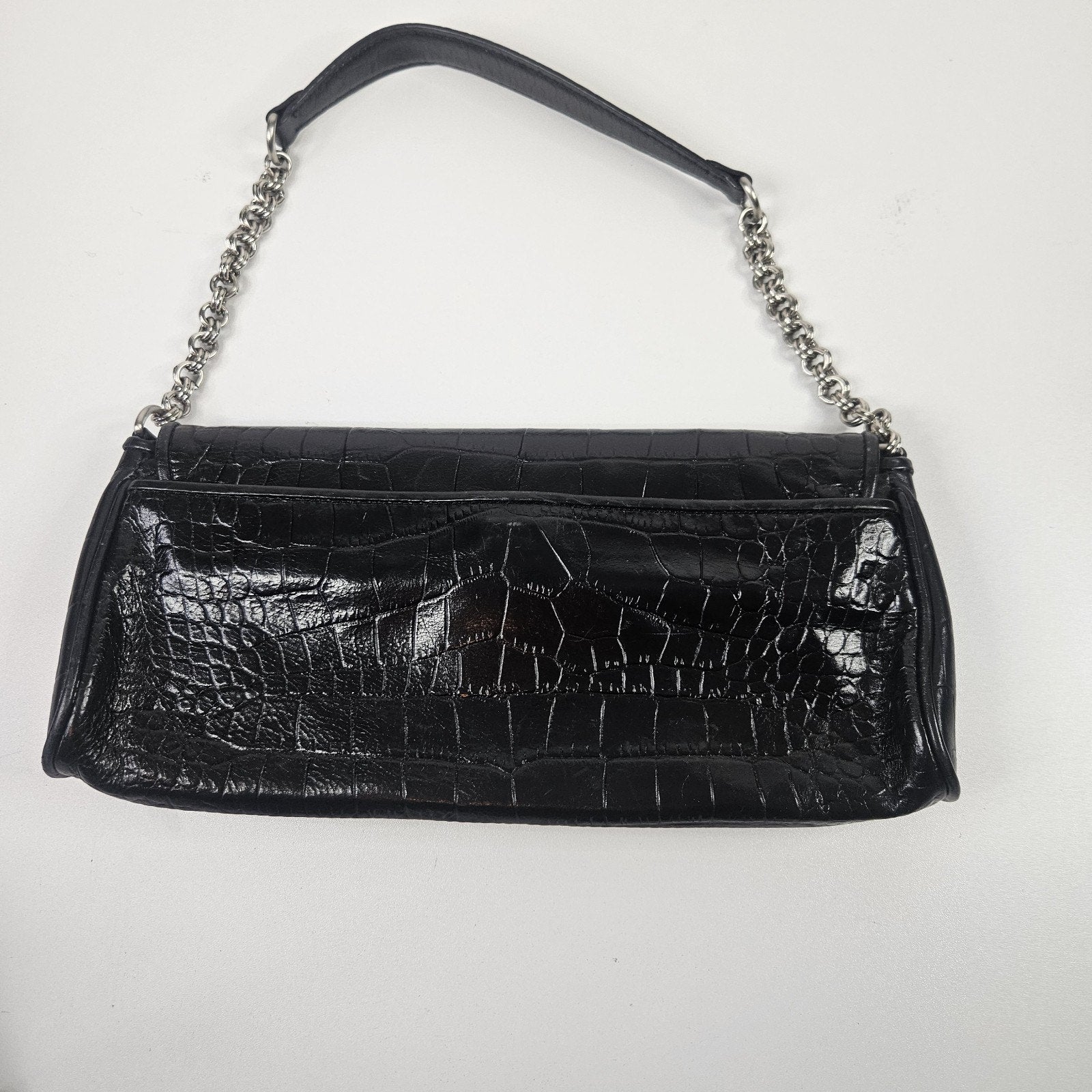 Anne Klein Black Faux Croco Embossed Leather Flap Chain Strap Purse Shoulder Bag