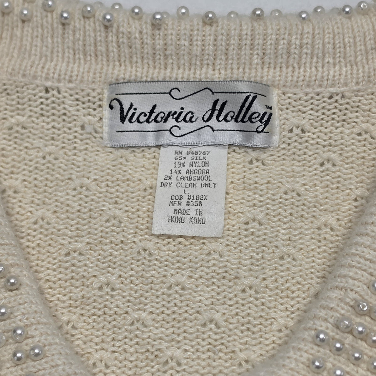 Vintage 80s Victoria Holley Cream Cardigan Sweater Pearl Collar Silk Angora Lrg