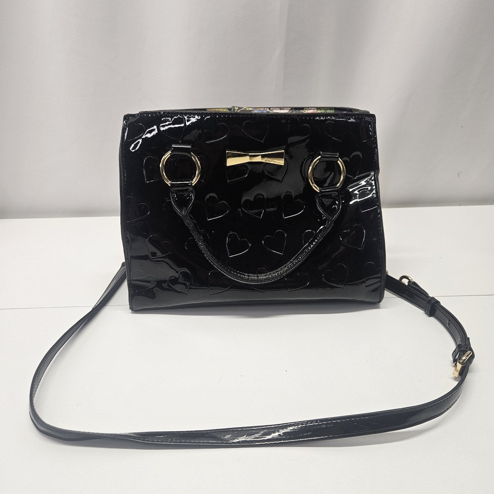 BETSEY Johnson Black Patent Hearts Satchel Tote Logo Glam Crossbody Purse