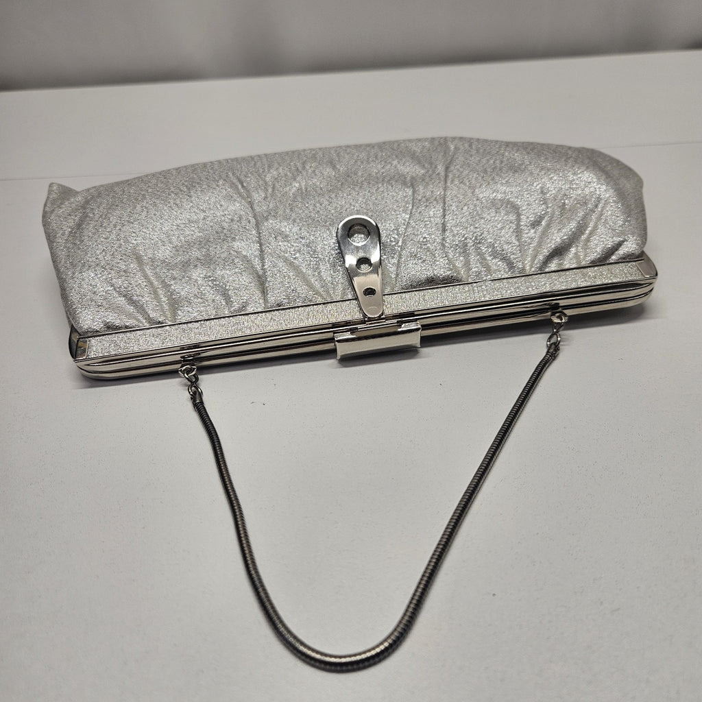 Vintage 50s 60s Retro Mod Silver Metallic Evening Bag Purse Clutch Chain Handle