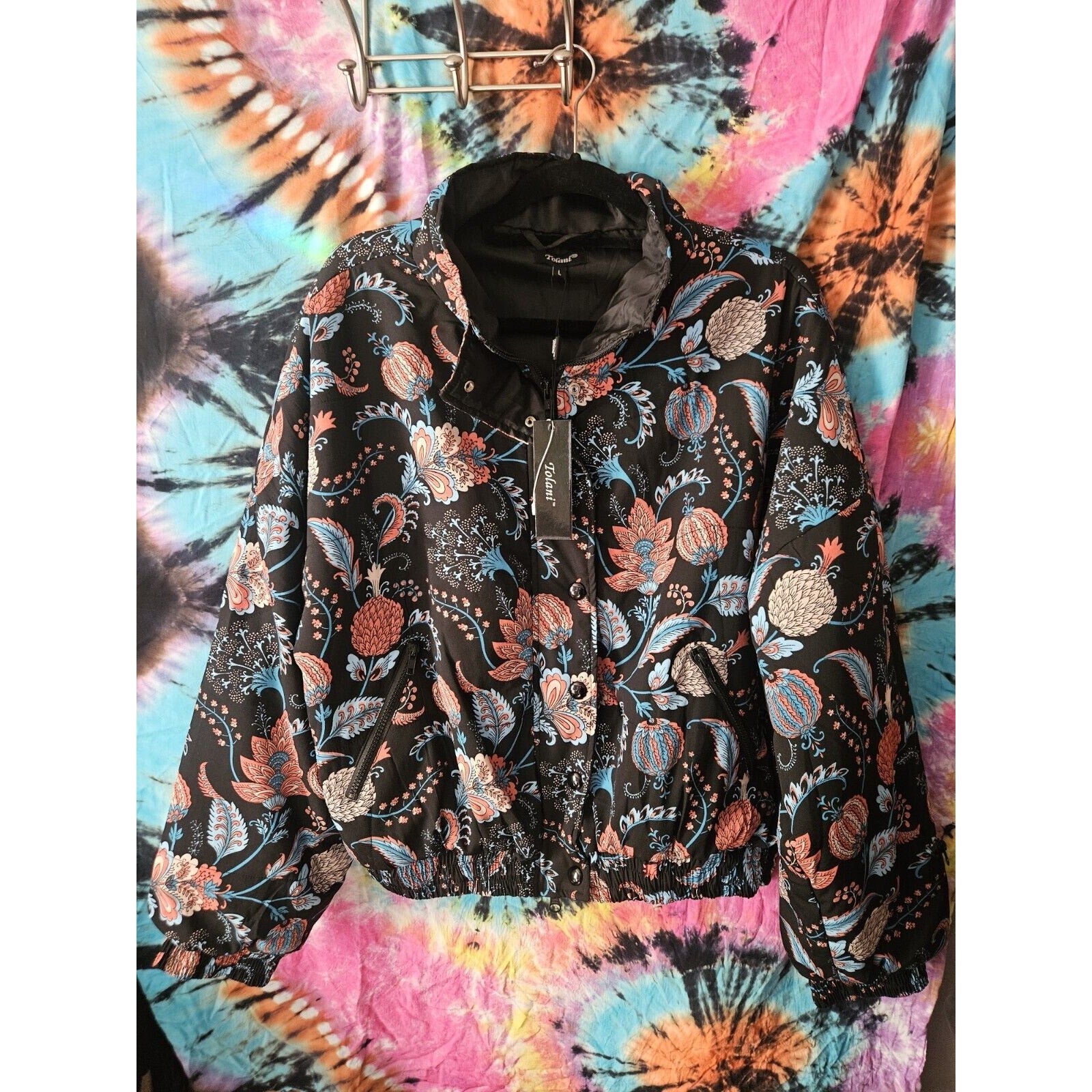 NWT Tolani Jacket Black Paisley Lightweight Coat Dbl Zip & Button Size Large