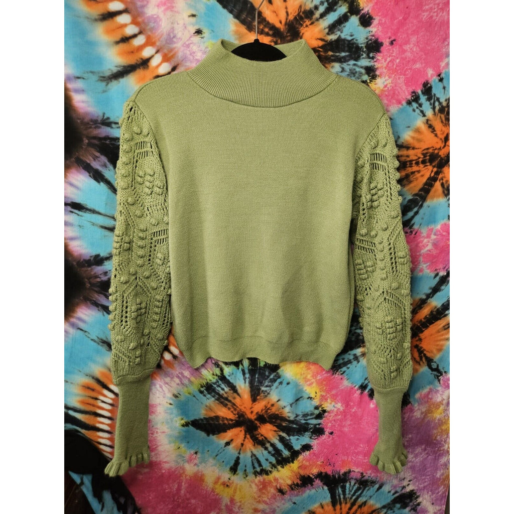 AQE Fashion Turtleneck Balloon Lace Sleeve Sweater Green Boho Fairy Small