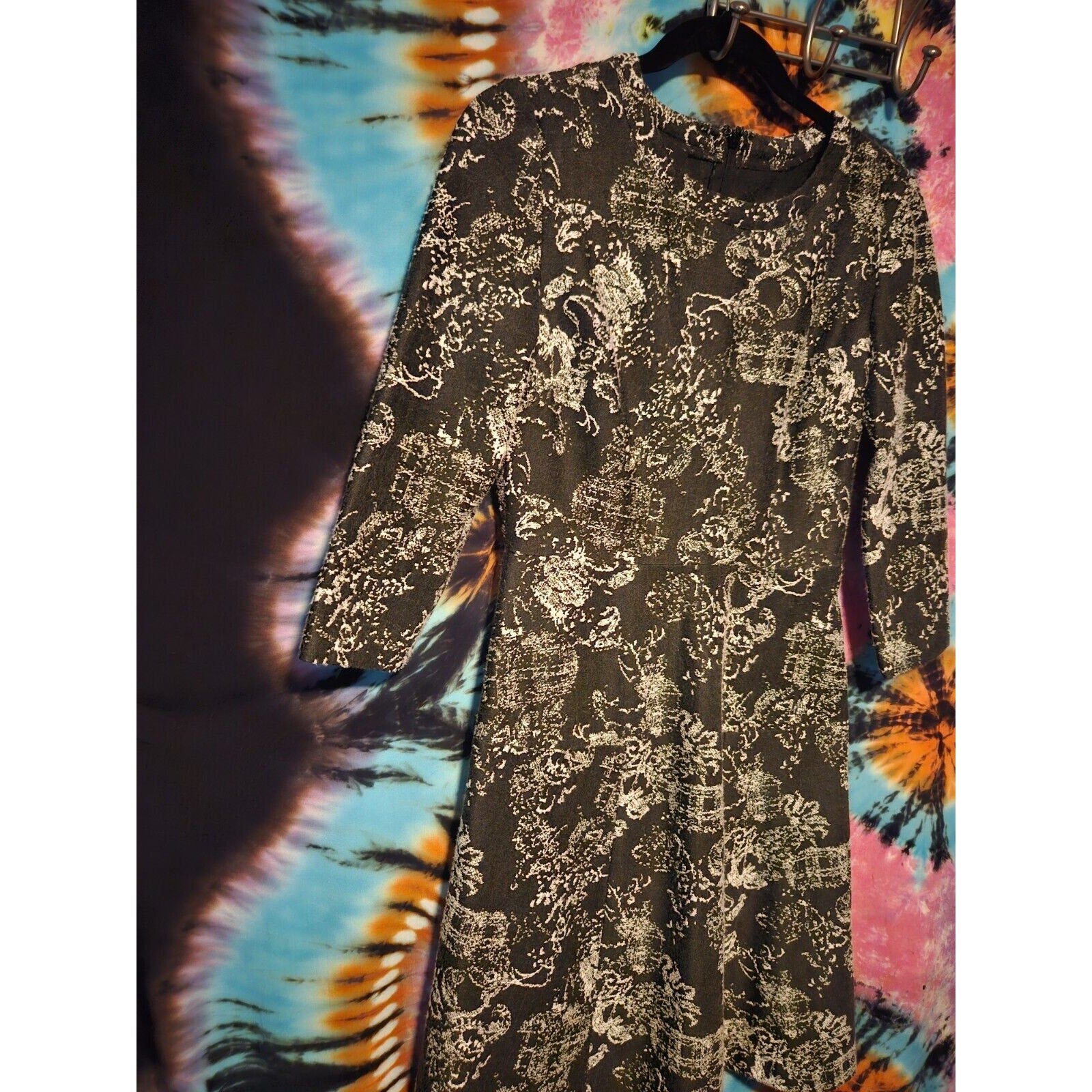 Nine West Women's Black White Fit & Flare Dress Stretch Textured 3/4 Sleeve Sz 4