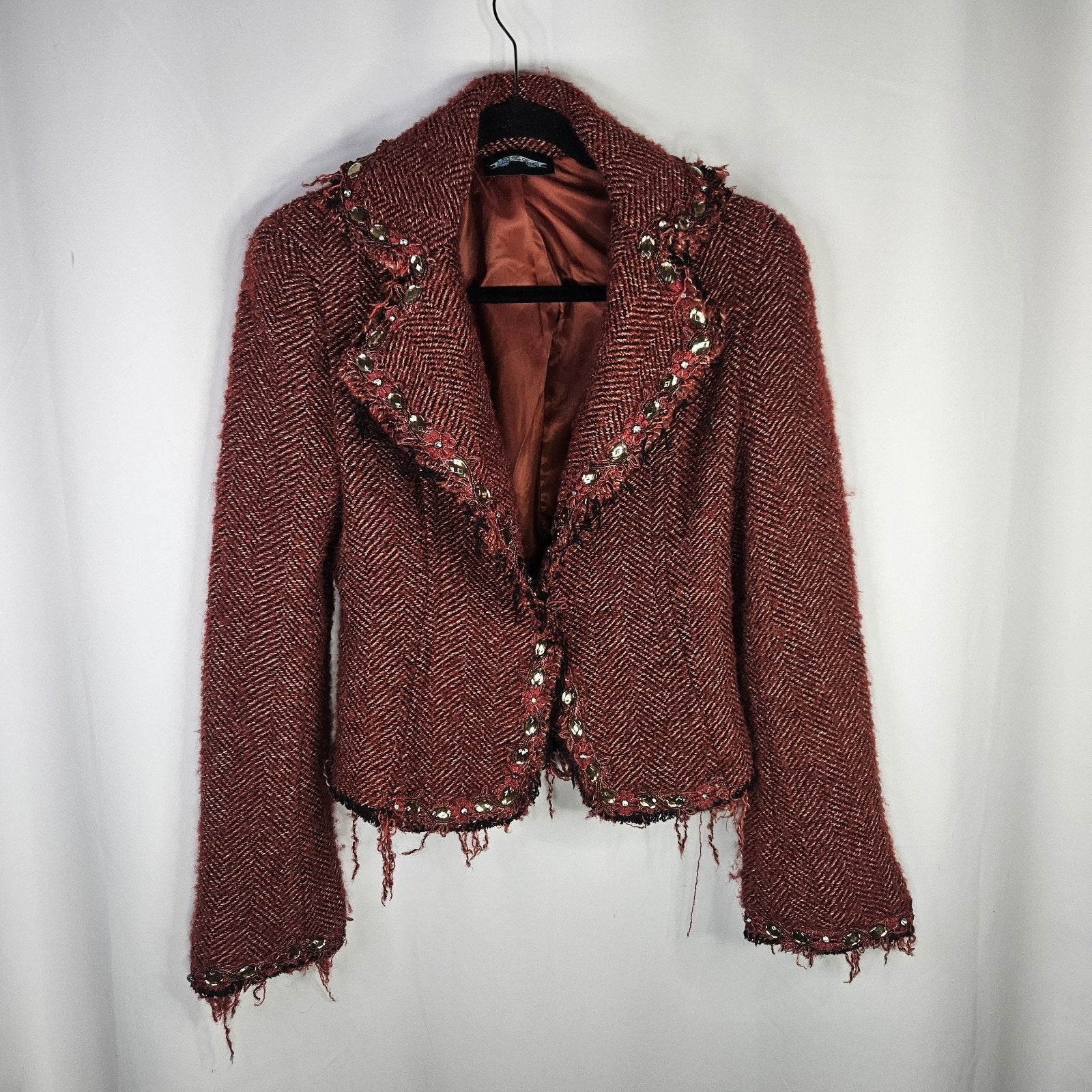 Vtg Y2K Funkyard Fabulous Till End Maroon Embellished Tweed Jacket Medium Wool B