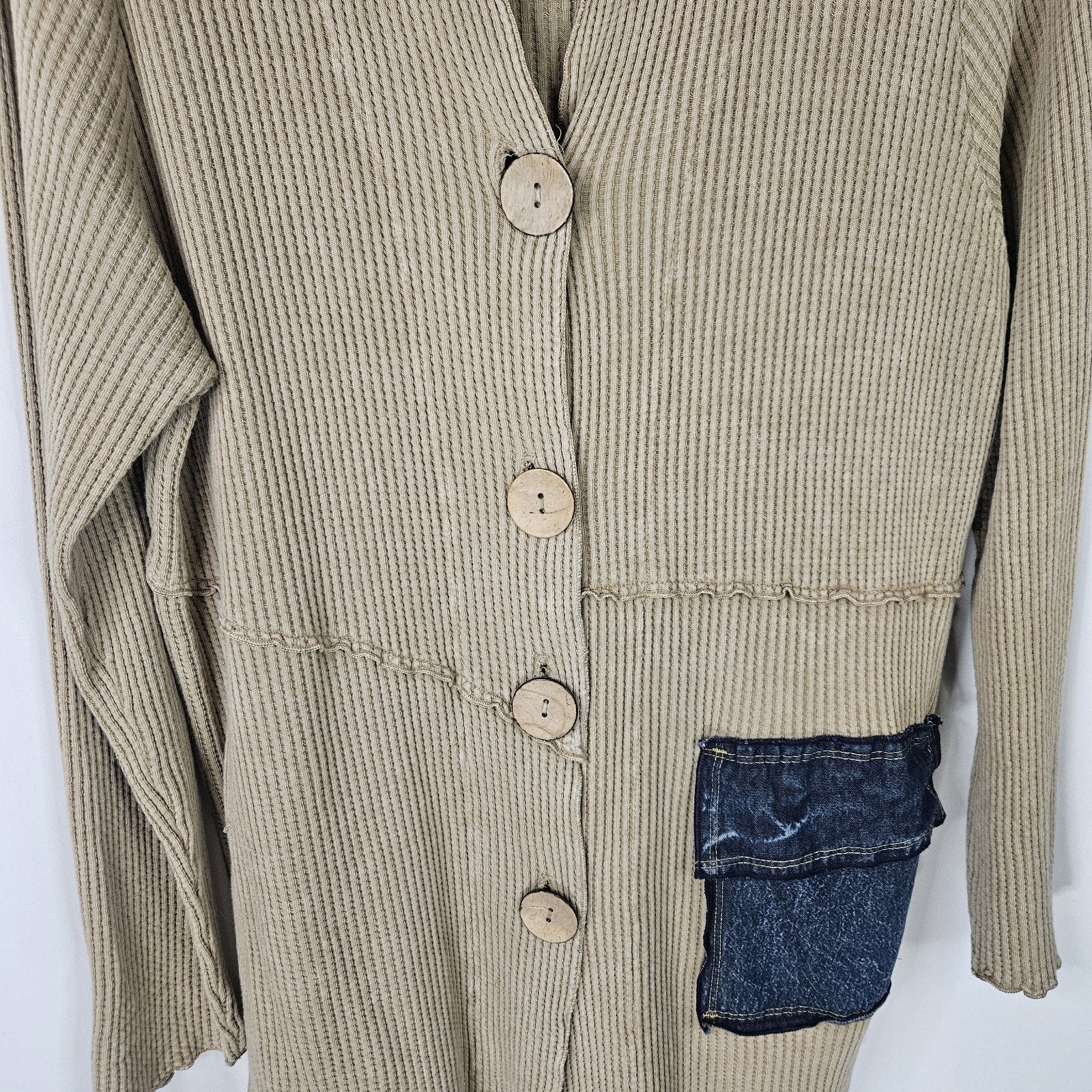 Fenini Khaki Cotton Waffle Knit Tunic Cardigan Sweater SZ XL Patchwork Boho