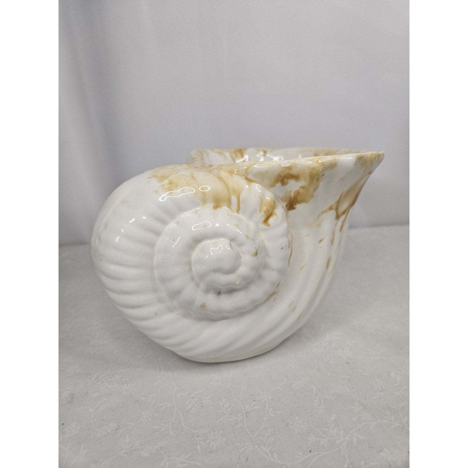 Vintage Sea Shell Nautilus Glazed Terra Cotta Herb Planter Garden Shelf Decor