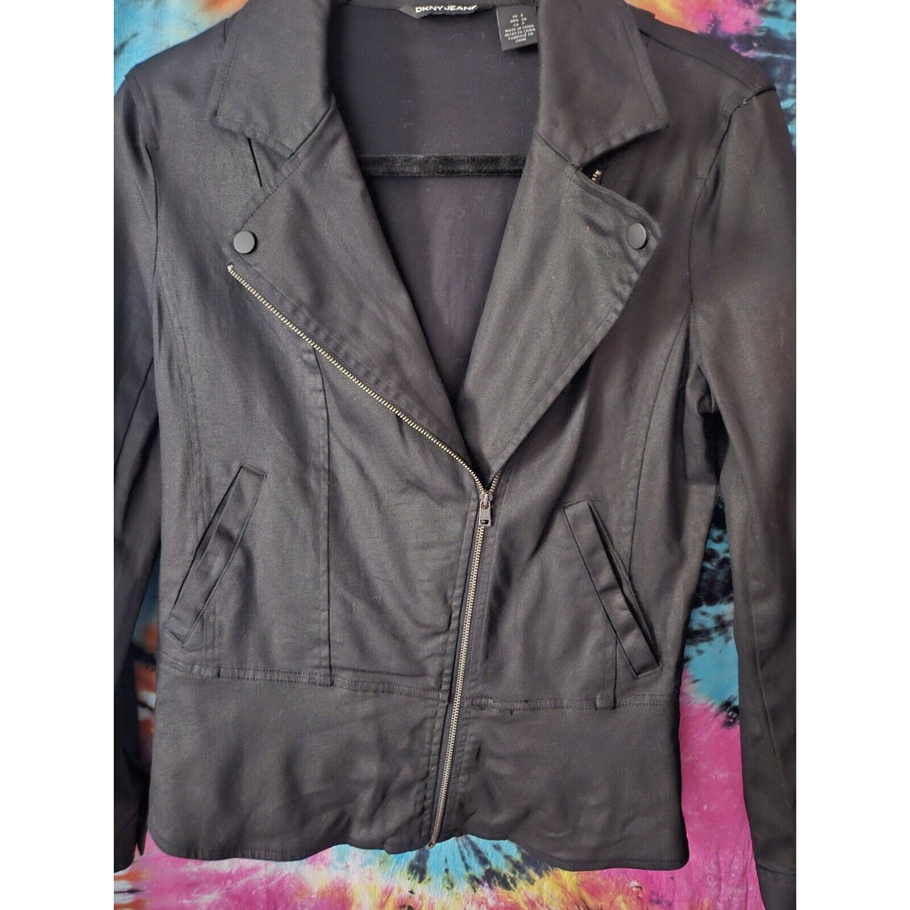 DKNY Jeans Black Moto Zip Jacket Stretch Cotton Full Zip Biker Jacket Size Small