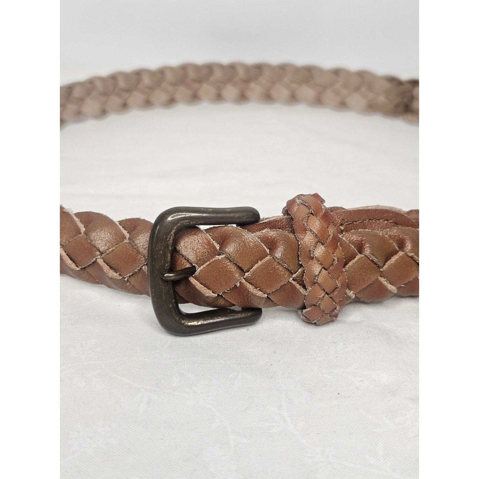 Unisex Genuine Leather Belt Basket Weave Brass Buckle Herringbone Size M Mexico