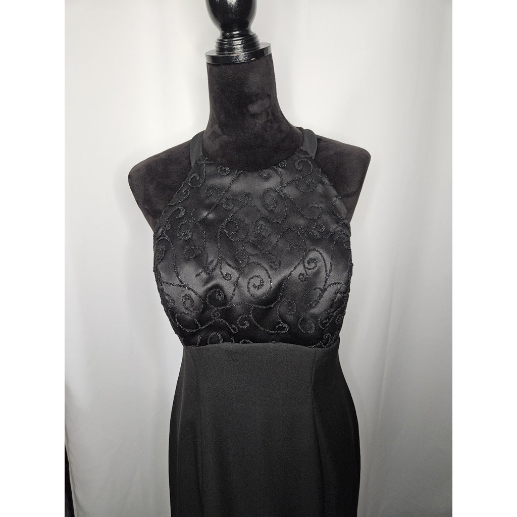 Vintage Hand Stitched Brocade Bodice Halter Dress Black Size 10 Evening Gown