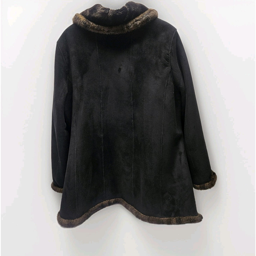 Vtg Y2K Jones New York Womens XL Black Faux Suede Coat Faux Fur Trim Retro Style