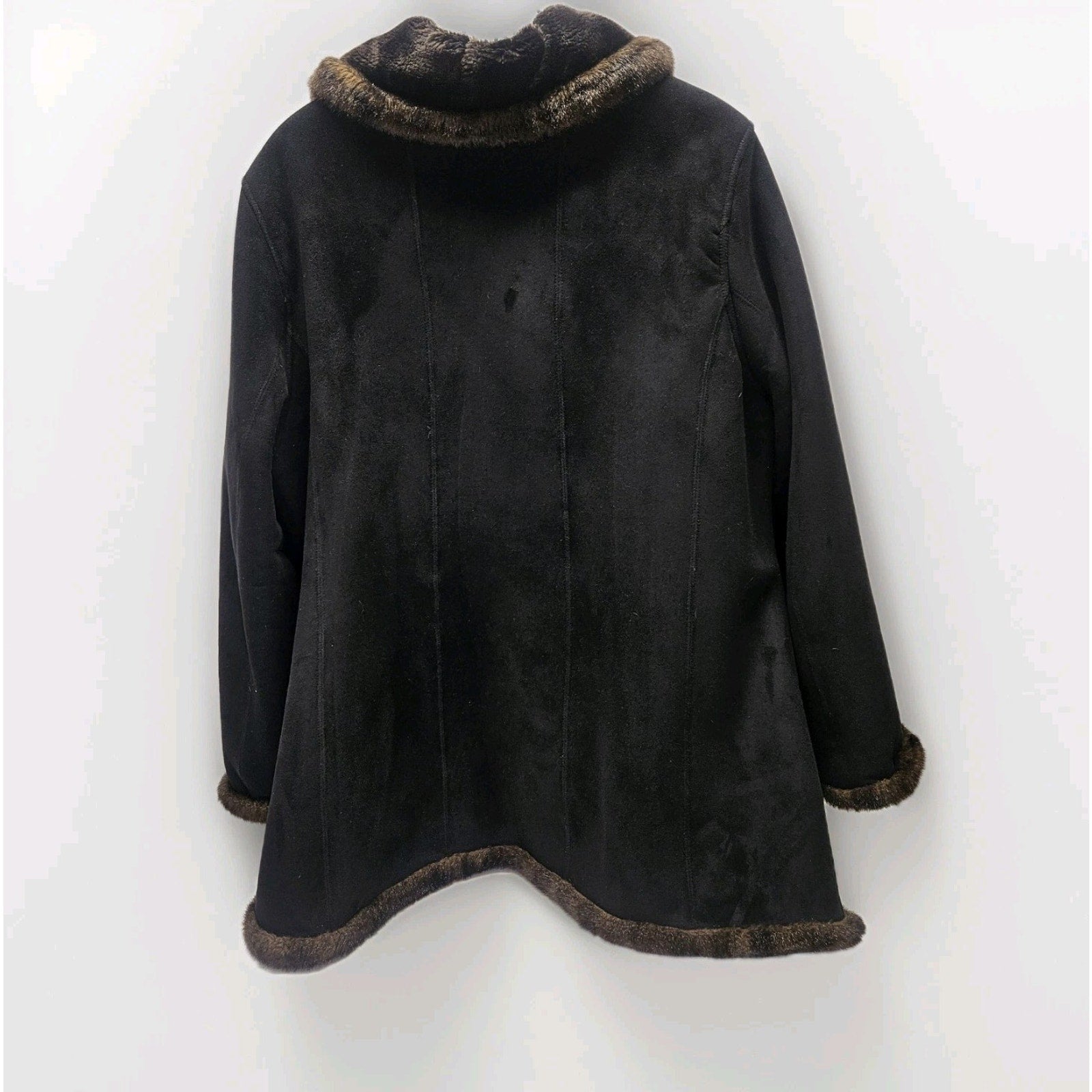 Vtg Y2K Jones New York Womens XL Black Faux Suede Coat Faux Fur Trim Retro Style