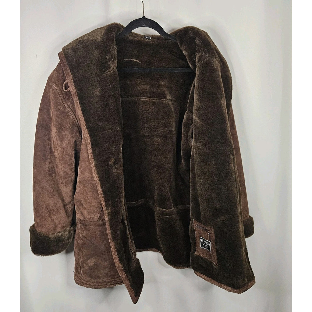 Vintage Synergy Oversized Leather Faux Shearling Coat Large Chocolate Brown