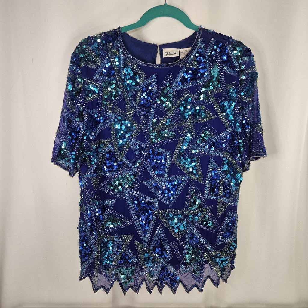 Sequin Beaded Silk Top 90s Vintage Blue Green Blouse Gatsby Glam Party Large