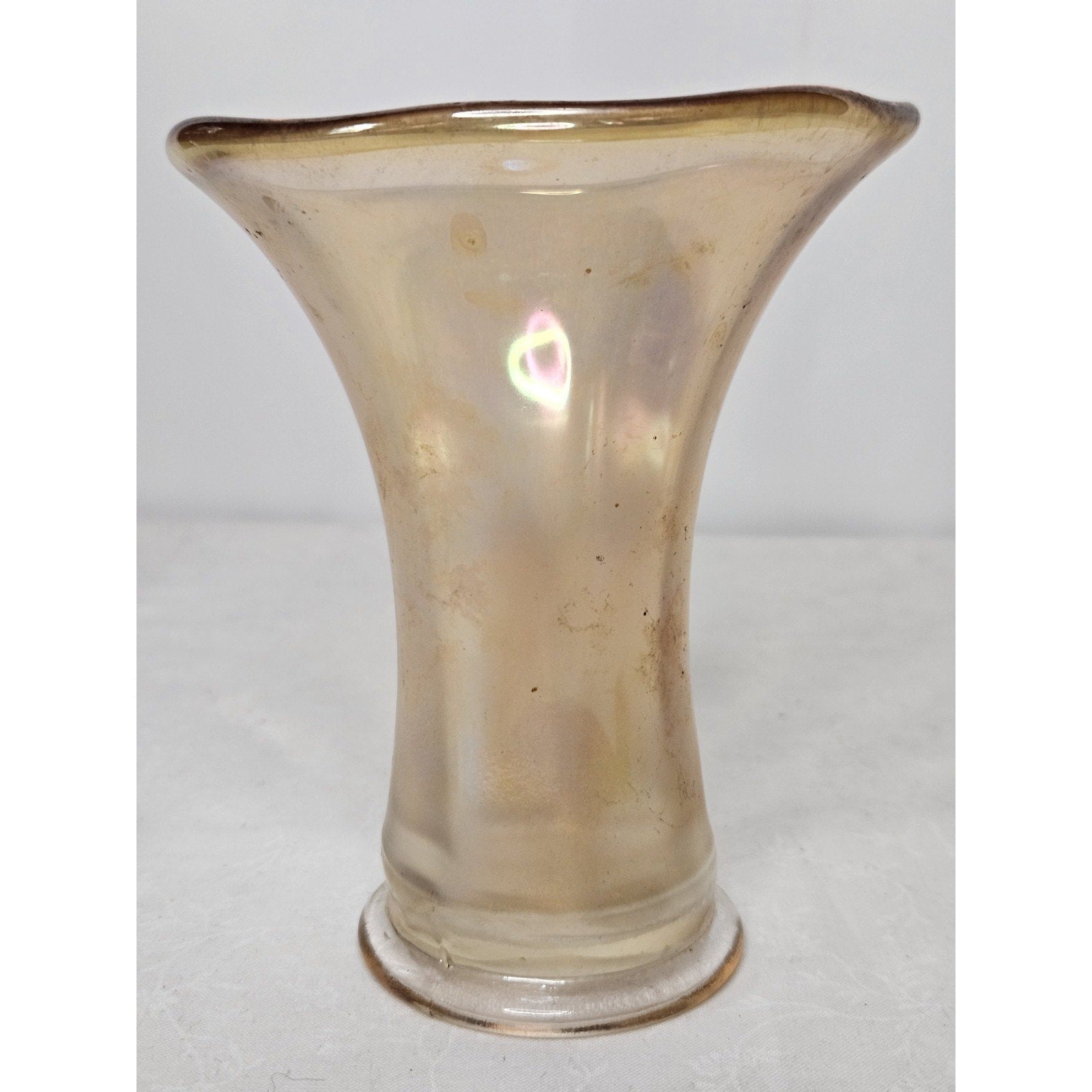 Vintage Art Glass Vase Set Iridescent Wide Flared Rim 5" Tall Scalloped Rim