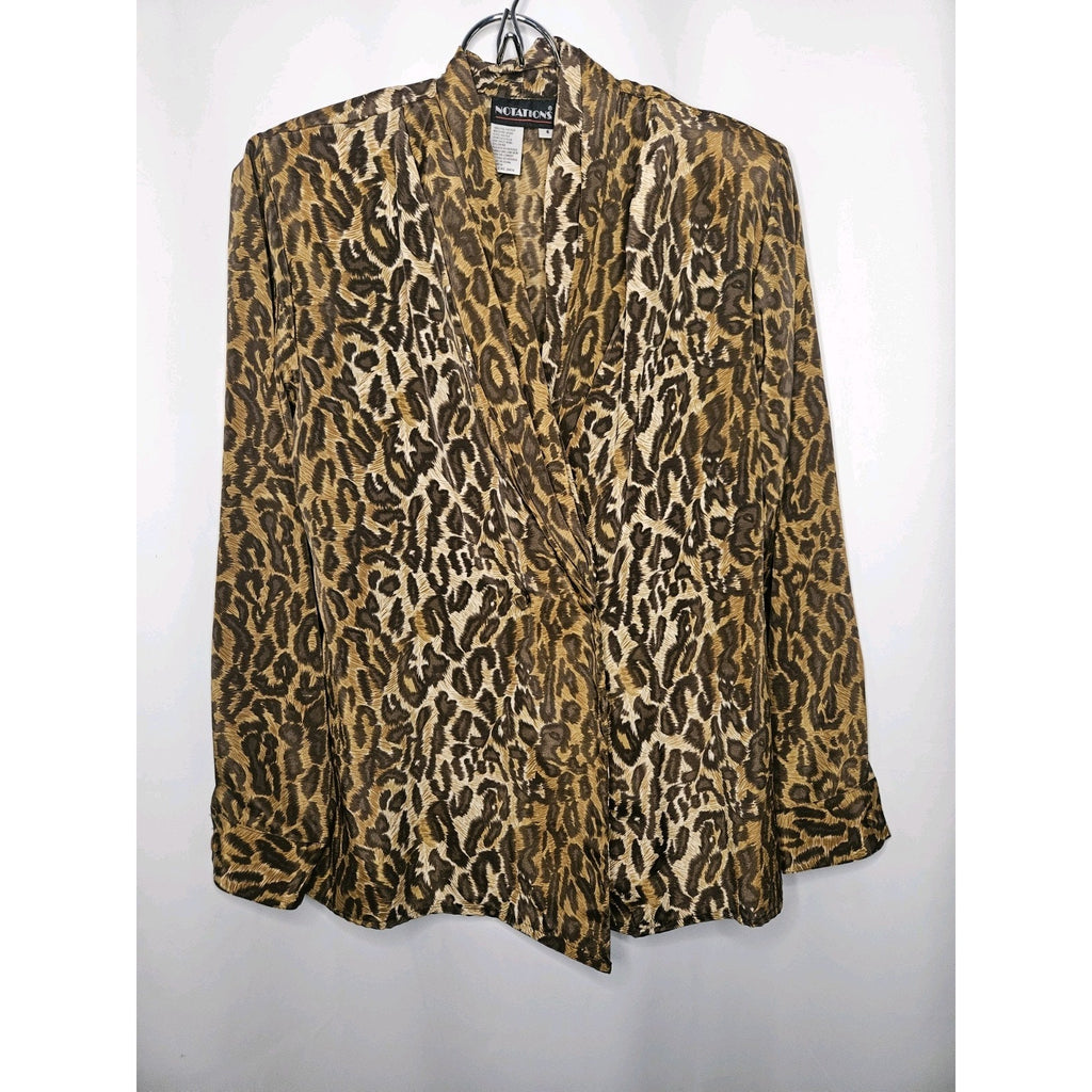 Vintage Women's Satin Long Sleeve Jacket Blouse Leopard Print Size 6 90s Glam
