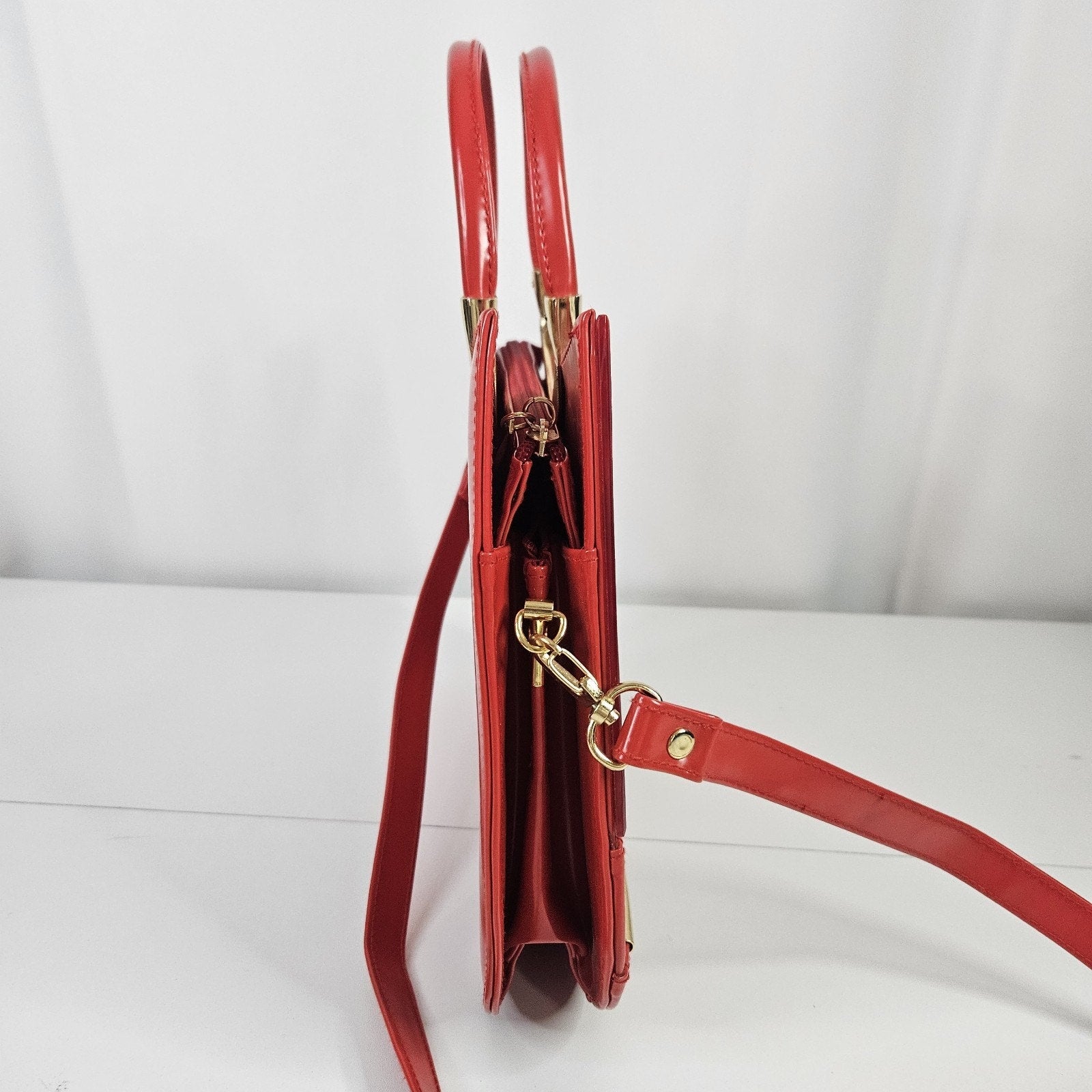 Retro Inspired Glossy Statement Handbag Red Gold Accents Acrylic Shoulder Purse