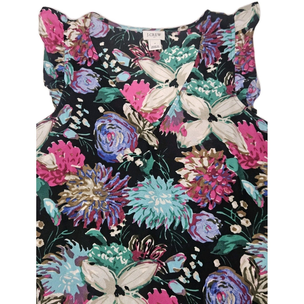 J Crew Womens Blouse Size 2 Small Shirt Top Floral Blue Green Ruffle Cap Sleeve