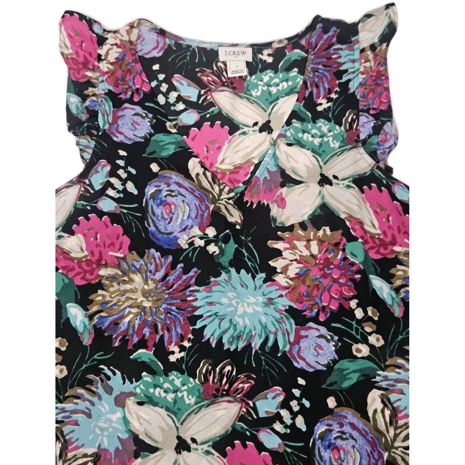 J Crew Womens Blouse Size 2 Small Shirt Top Floral Blue Green Ruffle Cap Sleeve