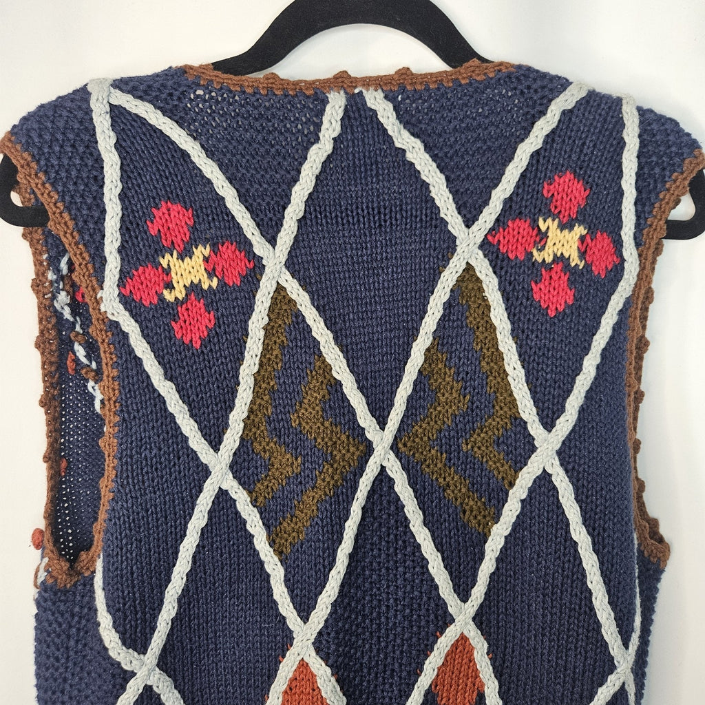 Vintage 1990s Womens Blue Floral Chunky Granny Knit Sweater Vest Small Cottage