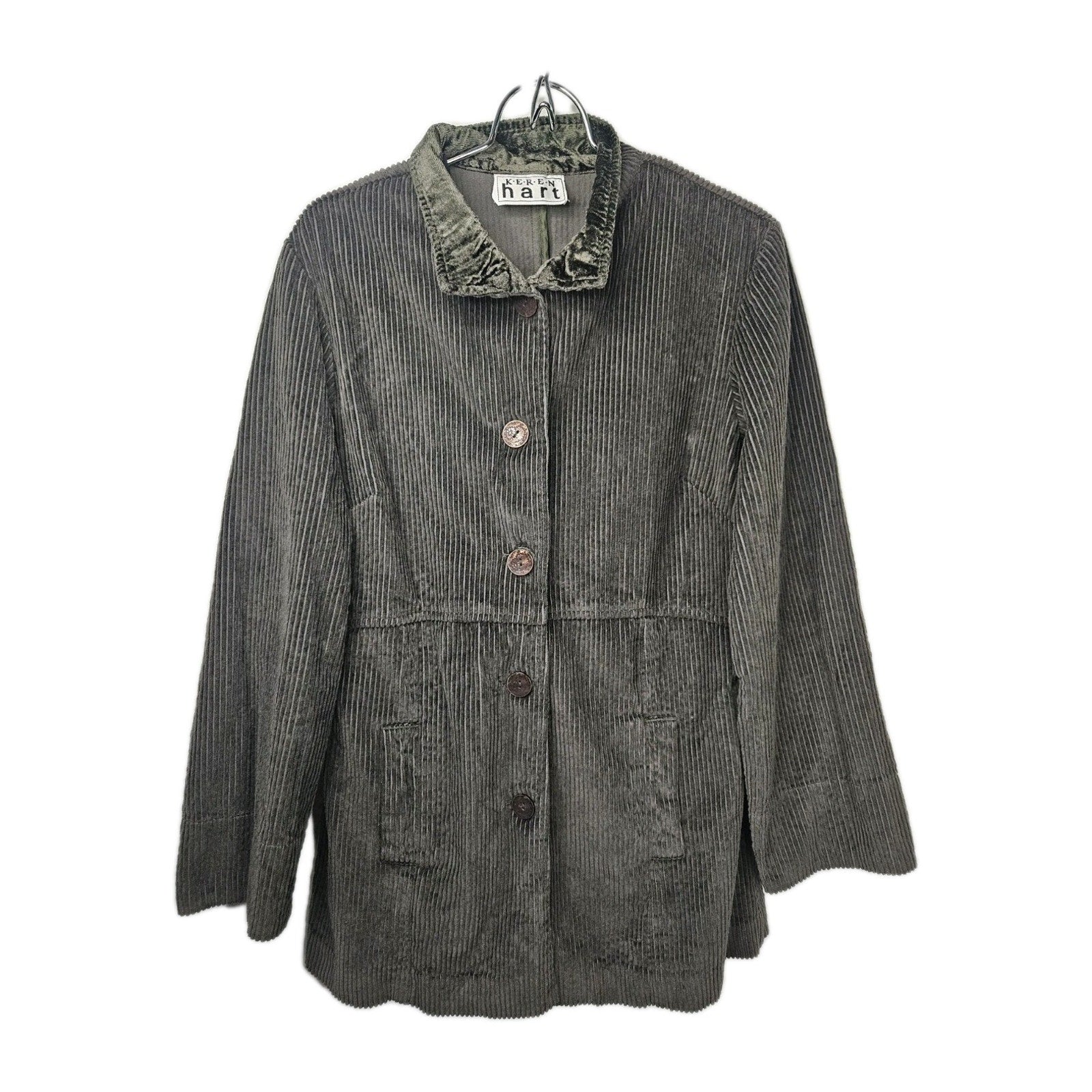 Keren Hart Peplum Corduroy Jacket Womens Small Cotton Vintage Green Mac Coat
