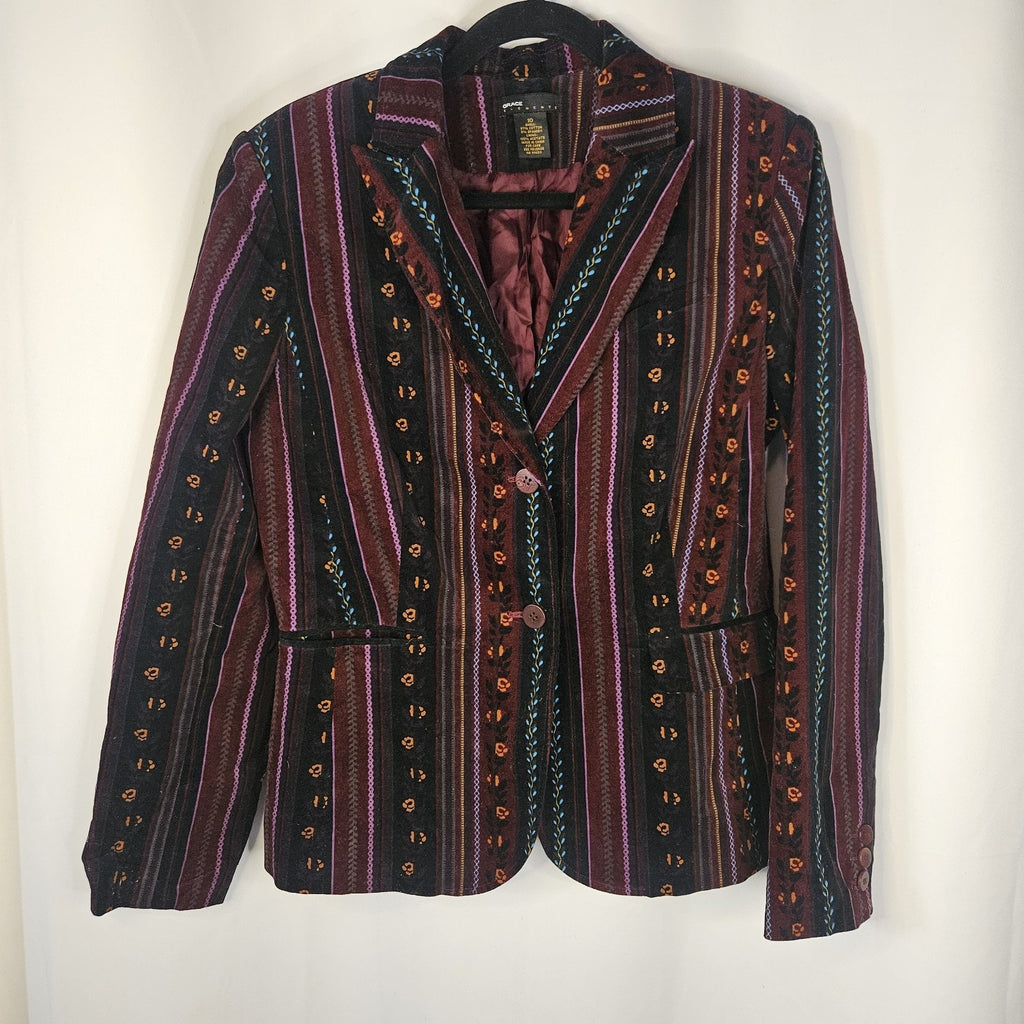 Vtg Grace Elements Corduroy Velvet Blazer Jacket Sz 10 Boho Glam Aztec