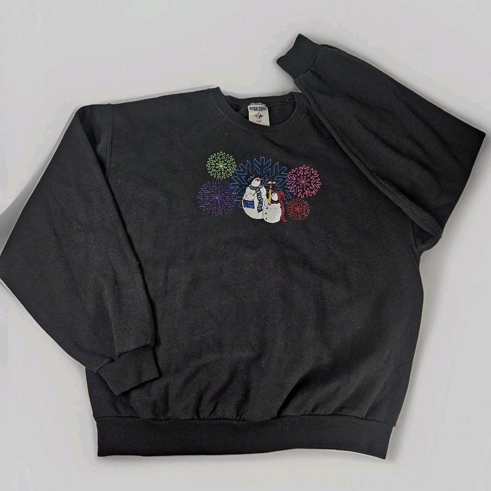 Vintage Christmas Holiday Sweatshirt Adult Large Snowman Winter Black Crewneck