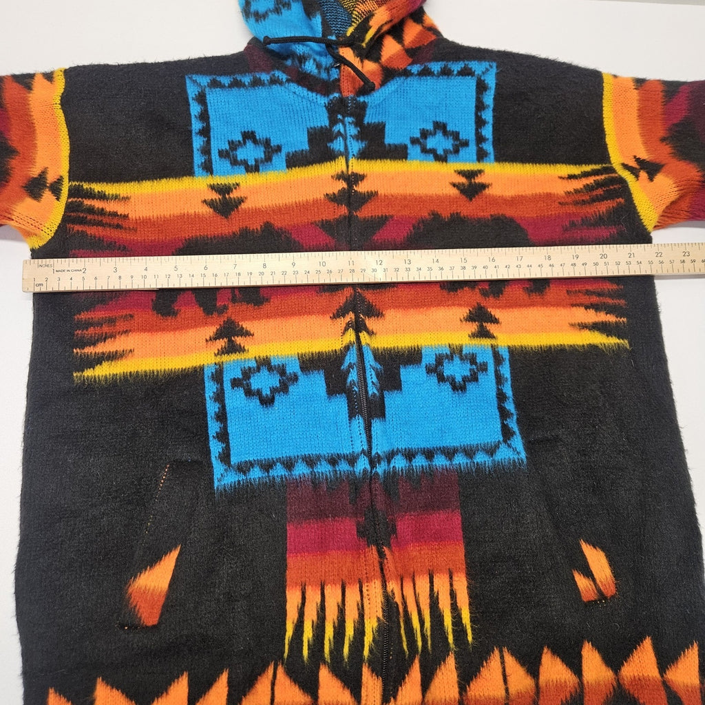 Artesanias 100% Wool Teal Aztec Southwest Full Zip Hooded Sweater Hoodie Small