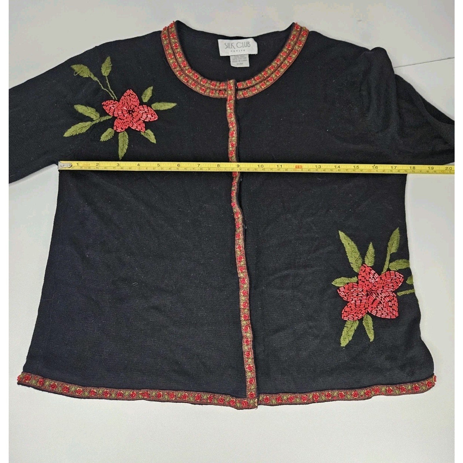 Silk Club Black Silk Cardigan Beaded Embroidered Holiday Sweater Petite Medium