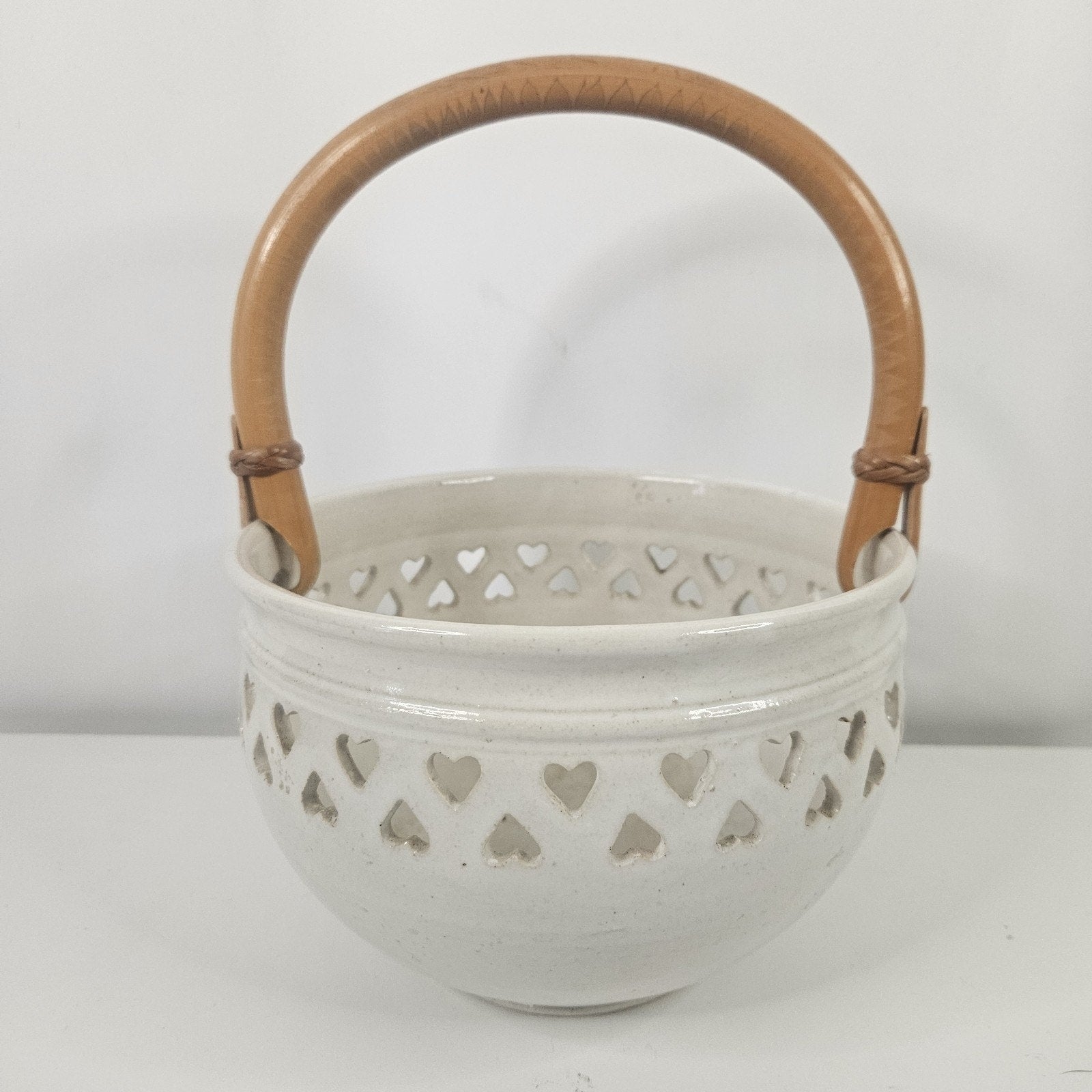 Vtg Heart Pottery Basket Wood Handle Wrapped 5" Ceramic Bowl Trinket Decorative