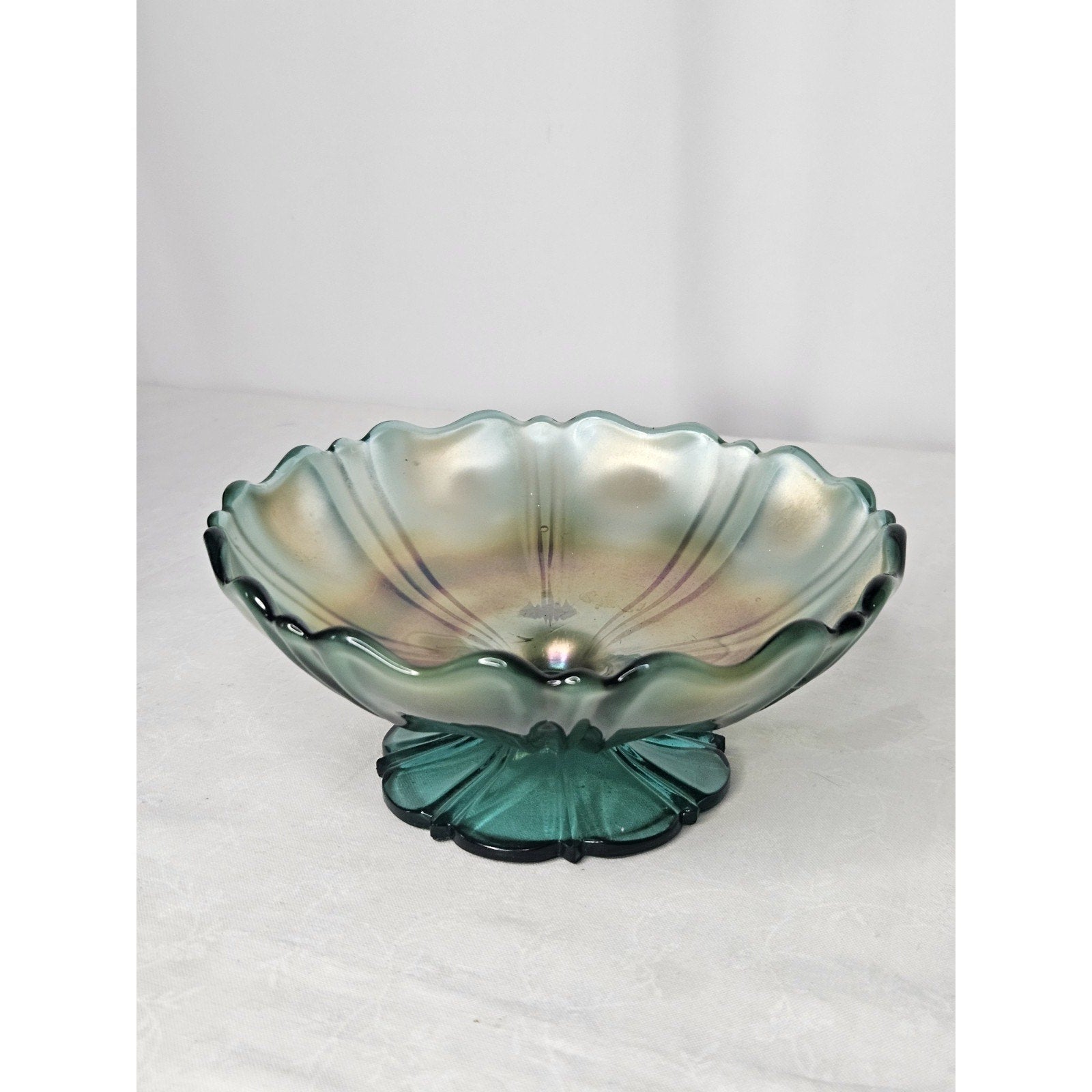 Vintage Carnival Glass Dish Bullseye Pedestal Ice Cream Iridescent Fluted Rim
