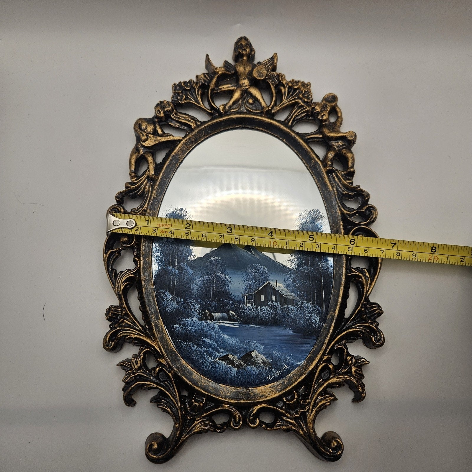 Vintage Hand Painted Mirror Mountain Cabin Creek Scene Signed J Graham