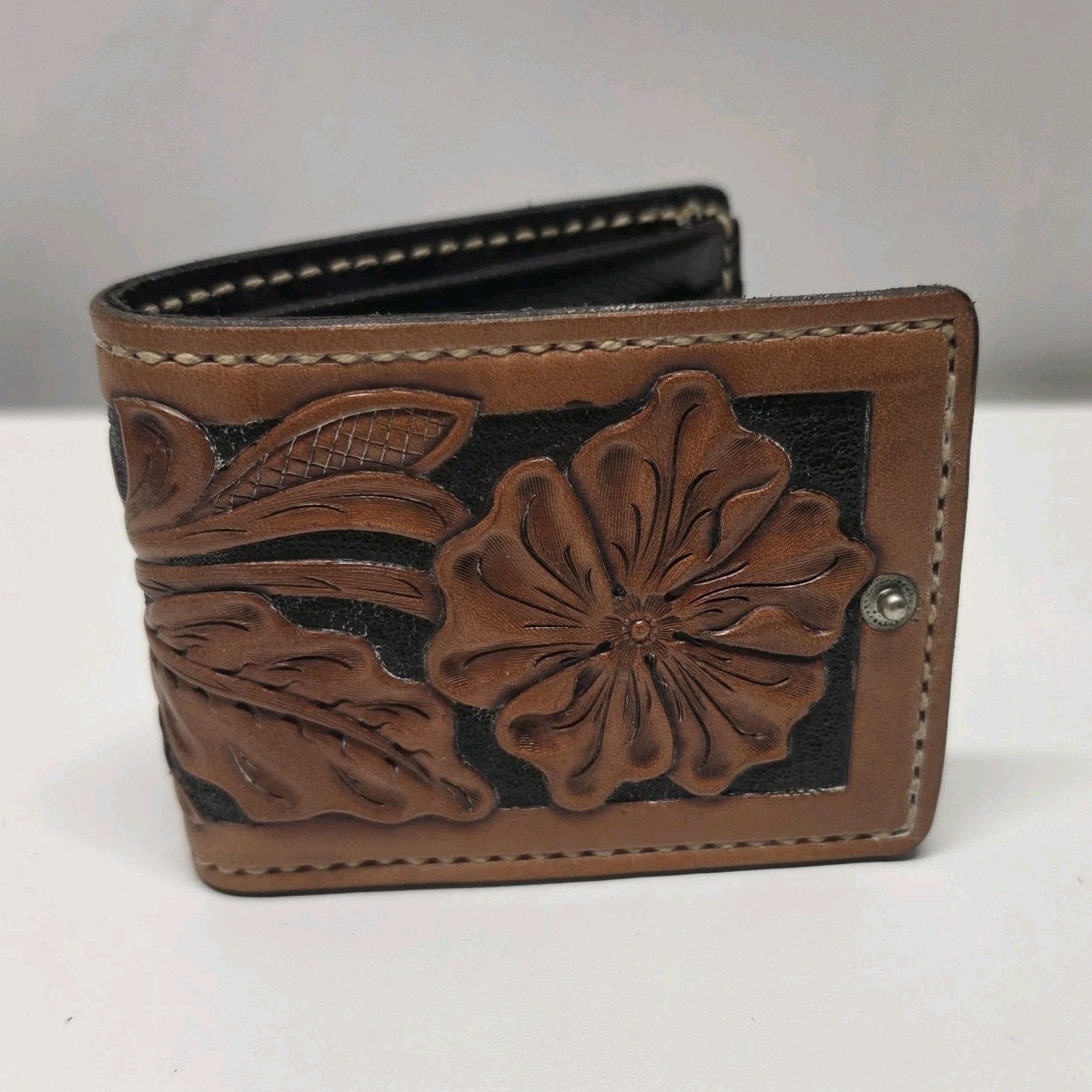 Hand Tooled Full Grain Leather Men’s Wallet Bifold Handmade Western Floral