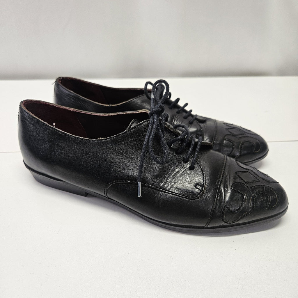 VTG Flamengo Embriodered Black Leather Lace up Oxford Heeled Granny Shoes 7.5 M