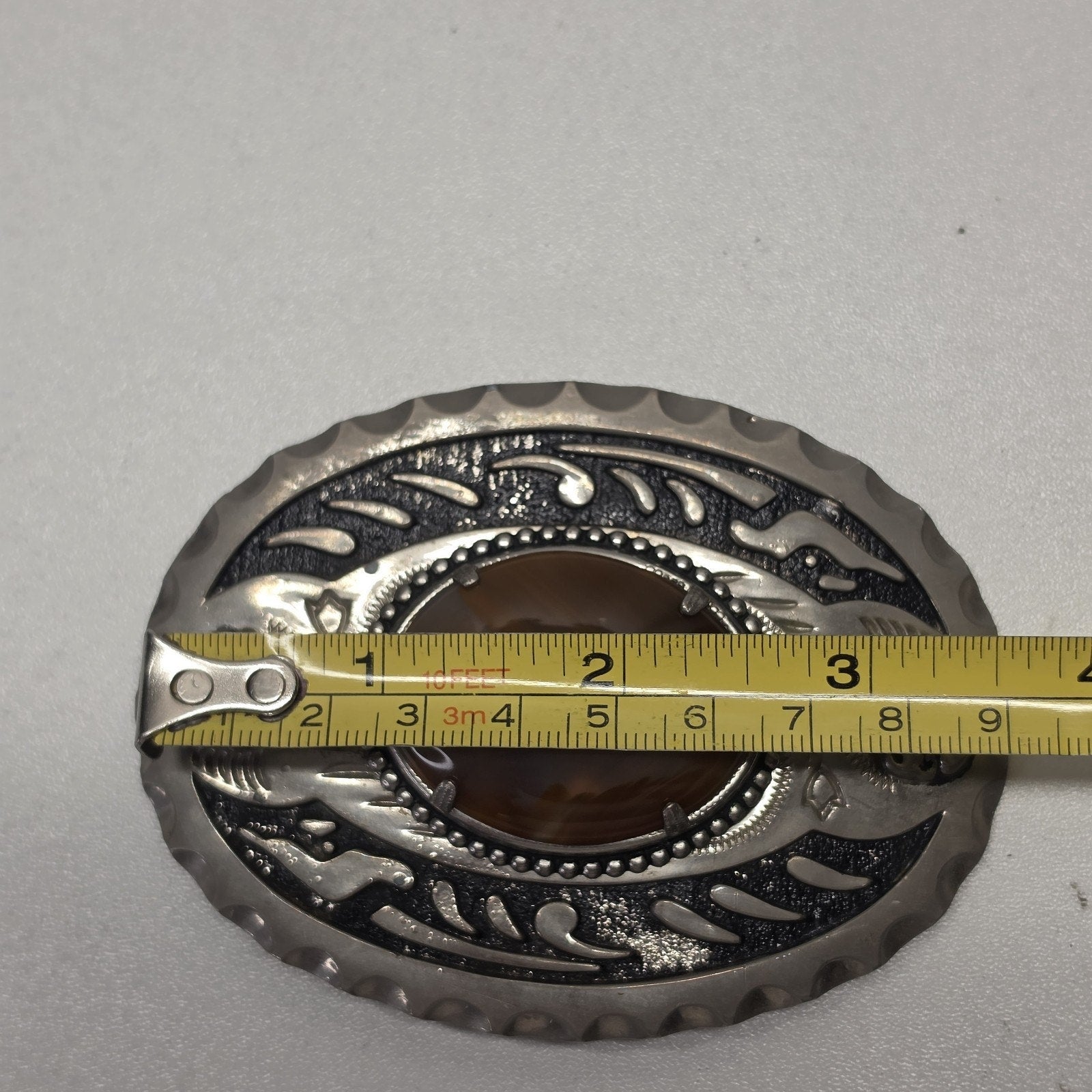 Vintage Western Belt Buckle Oval Silver Tone Brown Agate Stone Cowboy Equestrian