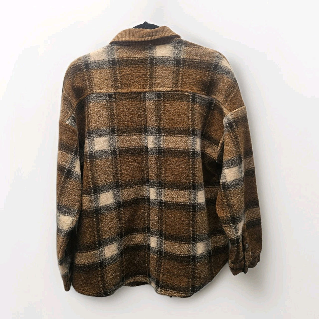 POL Brown Plaid Fleece Jacket Shacket Pockets Medium Barn Coat
