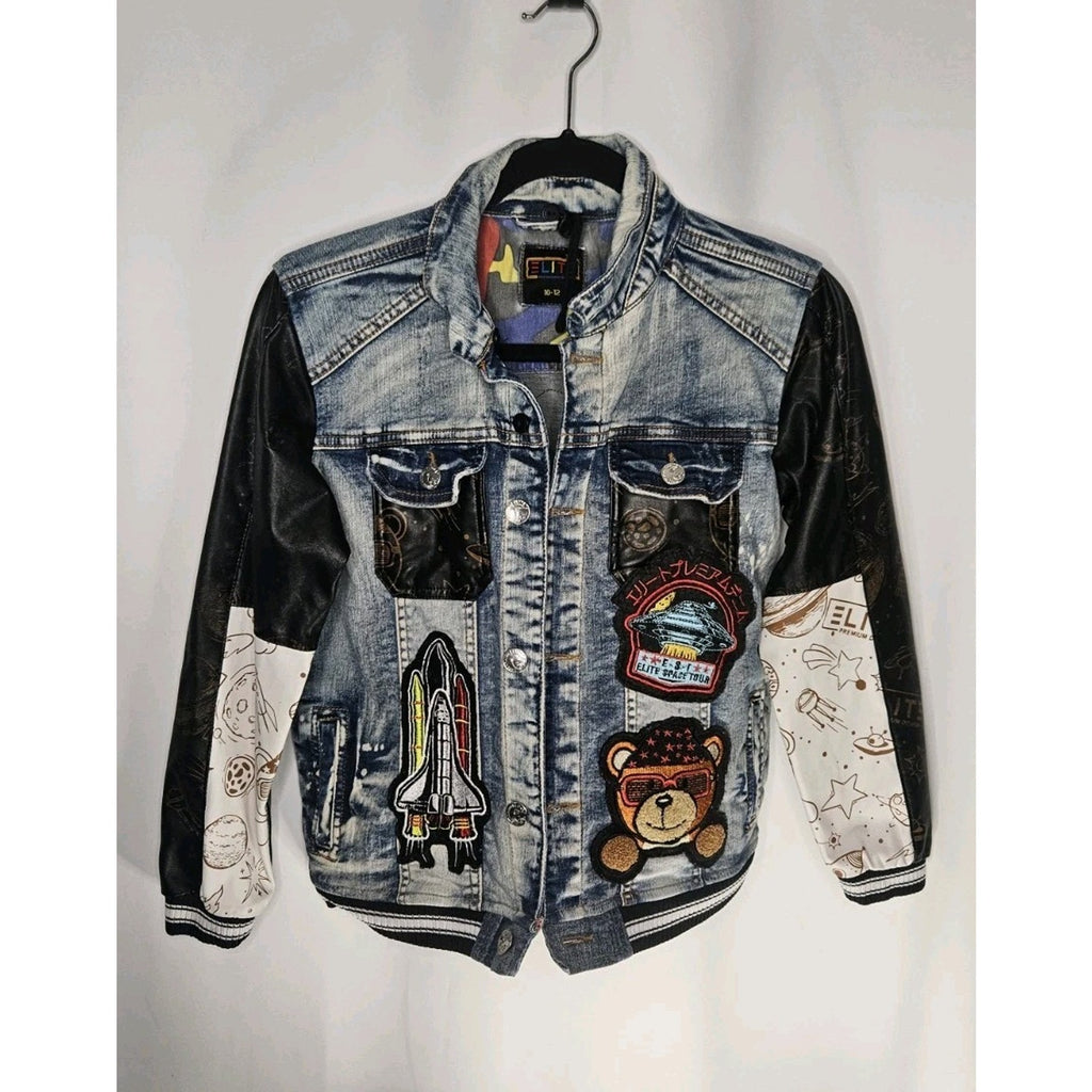 Elite Premium Denim Mocha Jacket Kids 10-12 Patches Streetwear